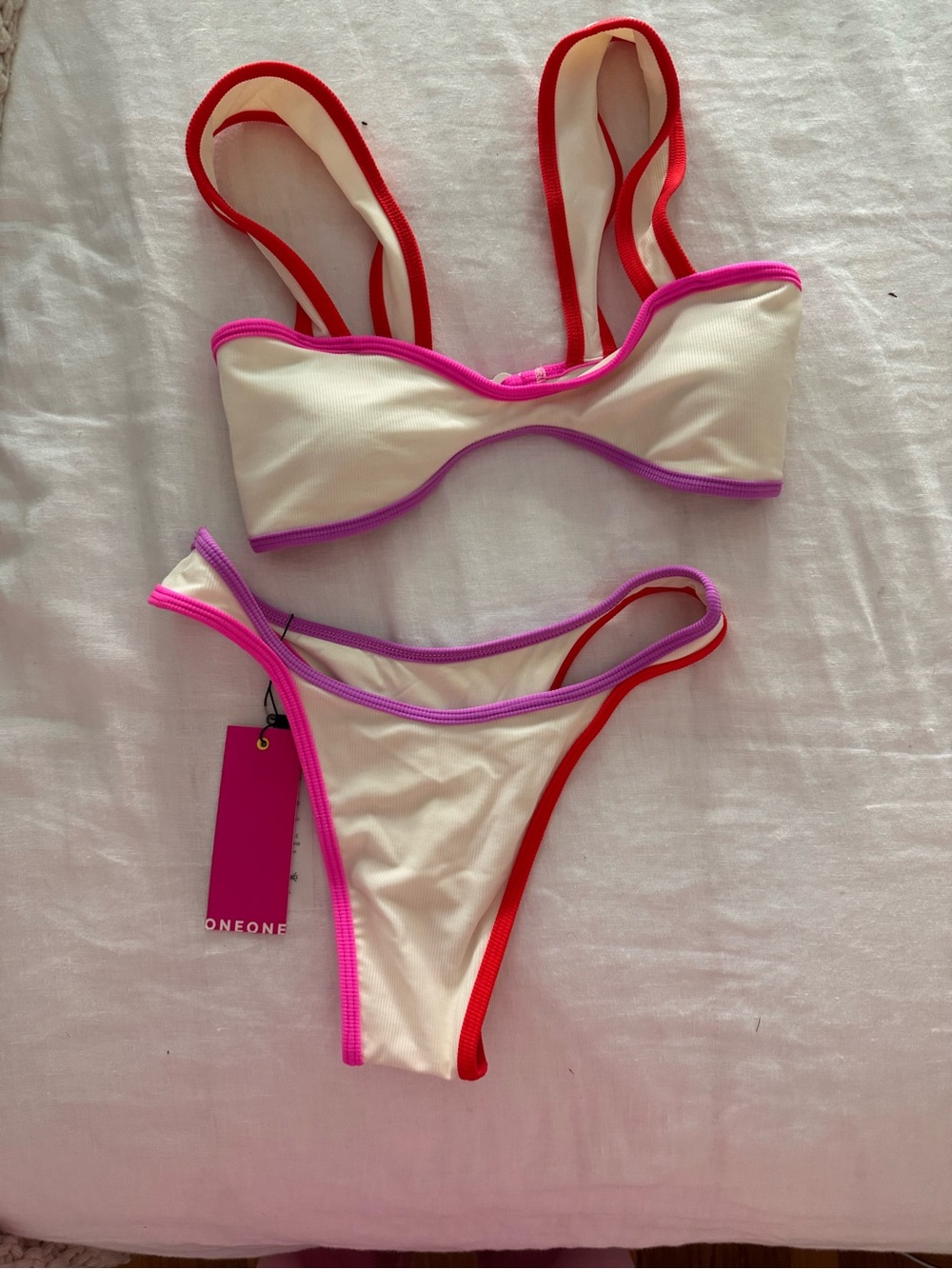 One one Cream Bikini Set with Pink & Red Trim